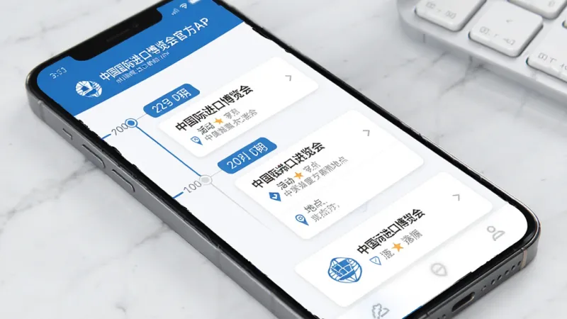 中国国际进口博览会官方APP活动日程与资讯页面，手机屏幕展示日程时间轴和通知卡片，包含日期标签、活动标题和地点信息，配色以进博会主题蓝为主，辅以白色卡片，排版清晰，风格商务简洁，细节干净，画质清晰，无多余元素