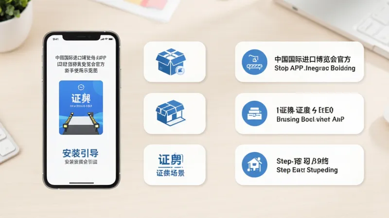 中国国际进口博览会官方APP新手使用场景示意图，画面展示手机屏幕上的安装引导与证件页面，旁边有简洁的步骤提示图标，背景为浅色办公桌面，主体为手机与步骤卡片，布局左图右文，风格清新扁平，细节清晰，画质干净，无多余元素