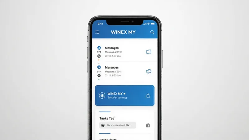 一张展示WiNEX MY应用界面的手机样机图，画面中央是手机屏幕，屏幕内显示WiNEX MY的首页，布局包含消息列表和任务卡片，顶部有WiNEX MY字样，整体风格简洁清爽，蓝白配色，背景为浅灰色渐变，画质干净清晰，无多余元素