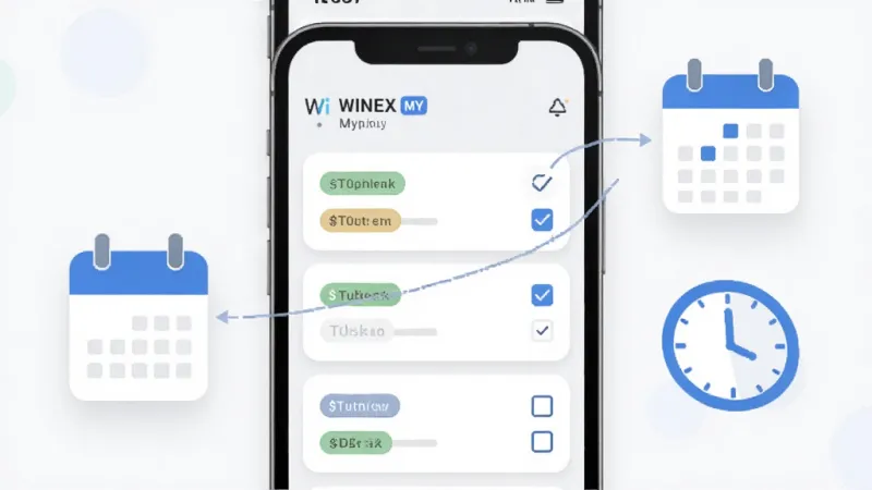 一张WiNEX MY任务看板功能的界面示意图，画面中手机屏幕显示任务卡片列表，每张卡片上有状态标签和勾选框，屏幕旁边漂浮着日历和时钟的简化图标，风格现代扁平，蓝白主色调，画质干净无杂乱元素