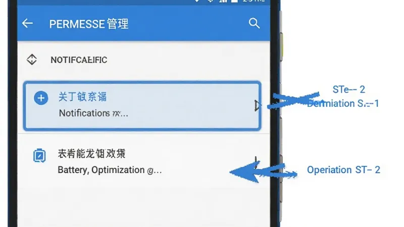 一张手机设置界面的示意图，画面展示安卓系统的权限管理页面，高亮标注通知权限和电池优化选项，旁边有箭头指示操作步骤，风格简洁明了，蓝白配色，画质干净
