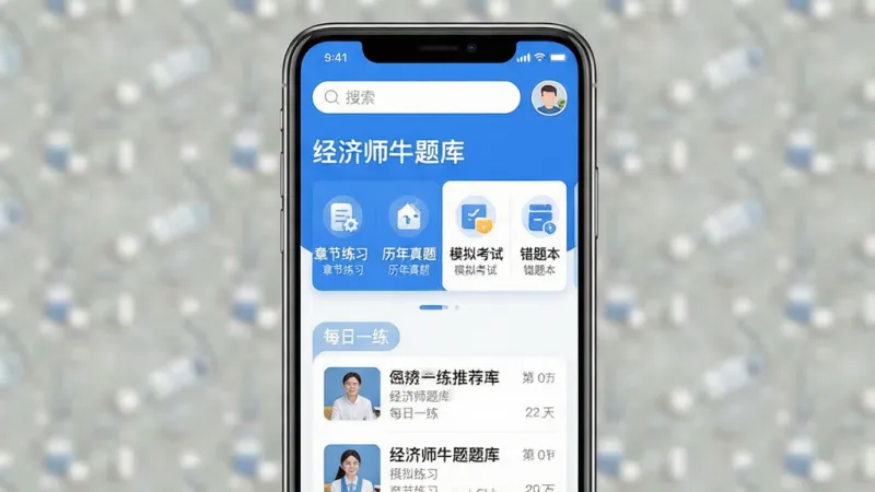 一张手机应用界面展示图，画面中央是一部智能手机，屏幕显示“经济师牛题库”App的主界面，顶部为搜索栏和用户头像，中间是章节练习、历年真题、模拟考试、错题本四个功能卡片横向排列，下方为每日一练推荐列表，整体布局清爽，蓝白配色为主，风格现代扁平化，细节圆润，画质干净清晰，无多余元素