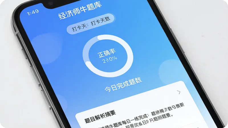 一张手机界面截图风格展示图，画面中手机屏幕显示“经济师牛题库”的每日一练完成页面，顶部有打卡天数标识，中间显示正确率环形图和今日完成题数，下方为题目解析摘要卡片，整体配色为蓝白渐变，风格简洁现代，画质干净，无多余元素