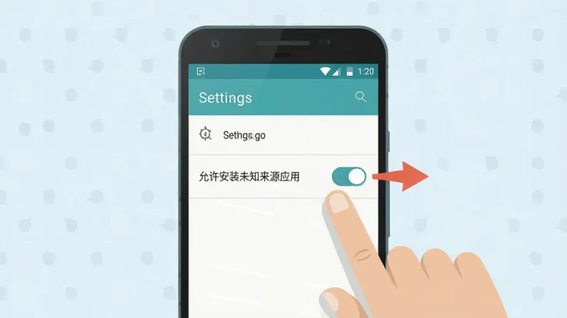 一张手机操作示意图，画面中一部安卓手机屏幕显示设置界面，手指正在点击“允许安装未知来源应用”的开关，旁边有箭头指示操作步骤，整体风格为扁平化教学插图，配色简洁，画质干净，无多余元素
