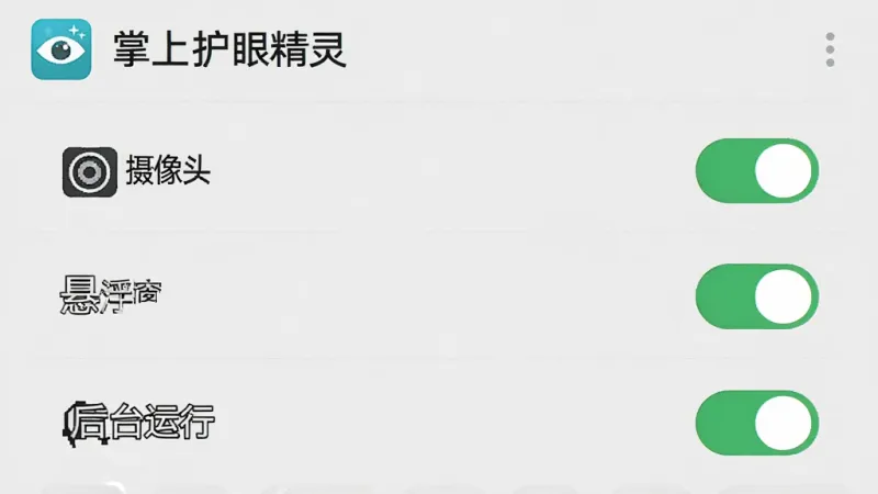 一张展示“掌上护眼精灵”权限设置界面的示意图,画面为手机设置页面,清晰列出摄像头、悬浮窗、后台运行等权限开关,界面风格简洁,有“掌上护眼精灵”应用名称标识,背景为浅灰色,画质干净无杂乱元素