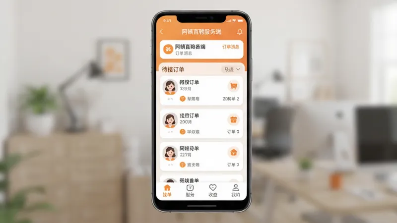 阿姨直聘服务端手机应用主界面全貌展示，画面中央是一部竖屏安卓手机，屏幕内显示阿姨直聘服务端APP首页，顶部有订单消息提示，中间是待接订单卡片列表，底部为接单、服务、收益、我的四个导航标签，整体配色以暖橙色和白色为主，风格简洁扁平化，细节圆润柔和，画质干净清晰，无多余装饰元素