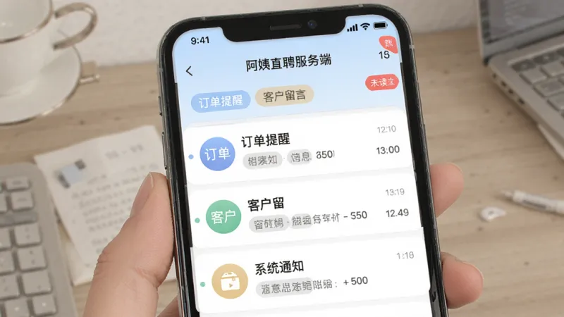 阿姨直聘服务端消息通知中心界面，手机屏幕显示消息列表，包含订单提醒、客户留言和系统通知分类标签，每条消息前有对应图标，界面顶部有未读数量角标，整体风格清爽直观，配色柔和，画质干净