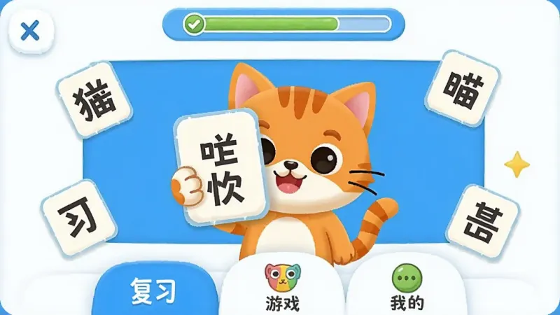 喵喵儿童识字 儿童识字软件 主界面 卡通风格 一只橘色小猫举着识字卡片 周围散落着汉字 蓝白配色 布局清晰 顶部显示学习进度 中间是卡片学习区 底部为复习 游戏 我的三个选项卡 风格活泼 画质干净 无多余元素