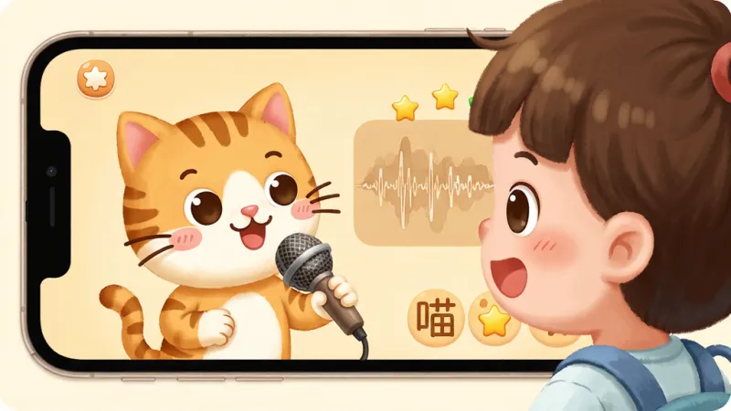 喵喵儿童识字 跟读练习界面 卡通小猫拿着麦克风 孩子对着手机读汉字 屏幕显示发音波形和星星奖励 暖色调 圆润图标 布局简洁 画质干净 无多余元素