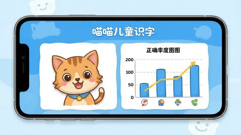 喵喵儿童识字 家长进度面板 手机屏幕显示识字数量统计 正确率图表 卡通风格 蓝白配色 布局清晰 数据直观 画质干净 无多余元素