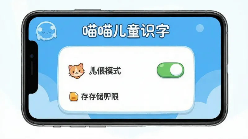 喵喵儿童识字 安装设置界面 手机屏幕显示权限管理 儿童模式开关 存储权限选项 卡通风格 蓝白配色 布局清晰 画质干净 无多余元素