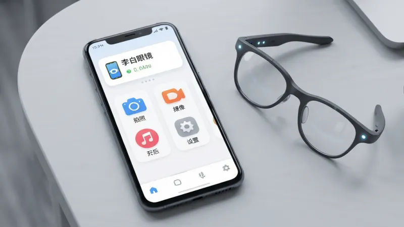画面中心是一部安卓手机，屏幕上展示“李白眼镜”App的主界面，界面干净清爽，顶部是设备连接状态卡片，中间区域排列着拍照、录像、音乐、设置四个功能图标，底部是导航栏。手机旁边摆放着一副智能眼镜，眼镜镜腿处有指示灯亮起，背景是浅灰色桌面，整体风格现代简约，排版清晰，细节圆润，画质干净无多余元素，图片中文字包含“李白眼镜”。