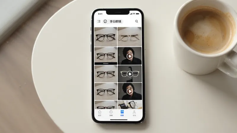 画面展示“李白眼镜”App的相册页面，手机屏幕上以网格形式排列着眼镜拍摄的照片和视频缩略图，顶部有筛选按钮，底部导航栏高亮在“相册”标签，手机旁边放着一杯咖啡，背景是浅色桌面，风格清新简洁，布局规整，画质干净明亮，图片中文字包含“李白眼镜”。