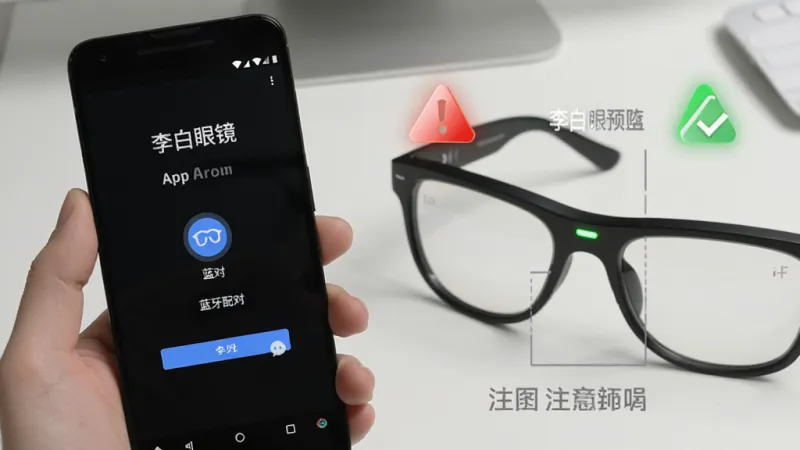 画面中一只手拿着安卓手机，屏幕上显示“李白眼镜”App的蓝牙配对界面，旁边是一副智能眼镜的指示灯特写，画面中有一个红色警示图标和绿色对勾图标分别示意注意事项，背景是简洁的灰白色调桌面，风格信息图式排版，布局清晰，画质干净无杂乱元素，图片中文字包含“李白眼镜”。