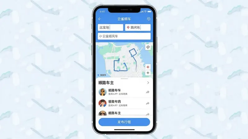 一张展示云雀顺风车应用整体界面的手机截图风格插画,画面中央是一部智能手机,屏幕显示云雀顺风车主界面,顶部有出发地和目的地输入框,中间是地图路线预览和顺路车主列表,底部有发布行程按钮,整体配色以蓝白为主,风格清新简洁,细节干净,画质清晰,无多余元素