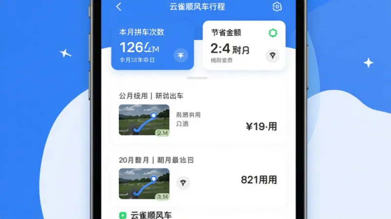 云雀顺风车行程记录页面插画,手机屏幕显示历史行程列表,每条记录包含日期、路线缩略图和费用金额,页面顶部有统计卡片显示本月拼车次数和节省金额,风格简约现代,蓝白配色,画质干净