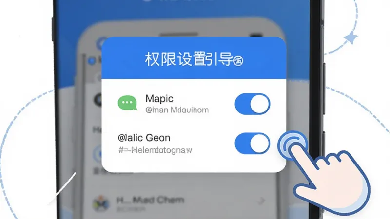 云雀顺风车新用户操作引导界面插画,手机屏幕显示权限设置引导弹窗,包含通知权限和定位权限的开关示意图,旁边有手指点击的图标,风格简洁明了,蓝白配色,画面干净,画质清晰