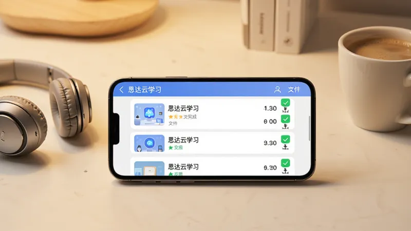 画面主体是一部手机横屏放置在桌面上，屏幕显示“思达云学习”的离线缓存管理界面，列表中有多个课程条目，每个条目右侧有下载完成的绿色对勾图标和文件大小标注；手机旁边放着一副耳机和一杯咖啡，背景是暖色调的书桌场景，风格现代简约，细节清晰，画质干净，无多余元素