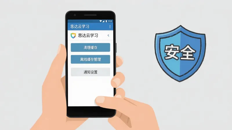 画面主体是一双手拿着安卓手机，屏幕显示“思达云学习”的设置界面，界面上有“清理缓存”“离线缓存管理”“通知设置”等选项按钮，旁边有一个卡通风格的盾牌图标上面写着“安全”二字；背景是浅灰色，风格简洁扁平，细节清晰，画质干净，无多余元素