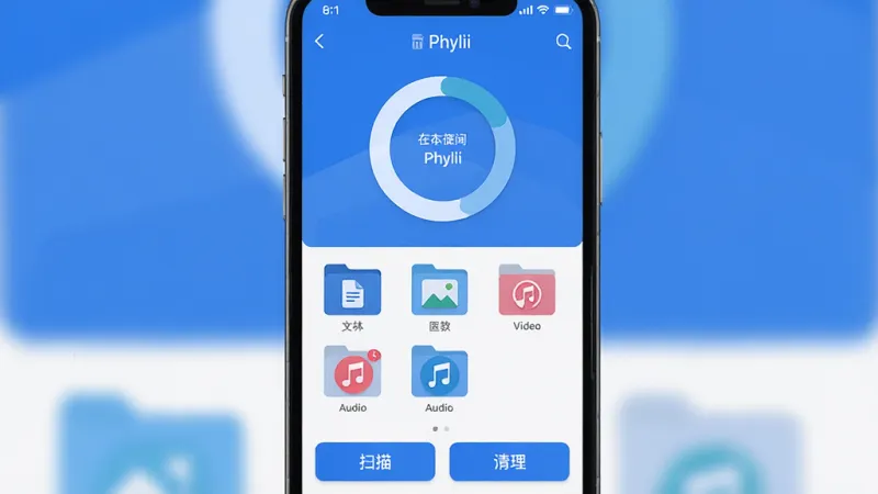 一张展示Phylii软件核心界面的手机屏幕截图,画面中央是Phylii应用的主页,顶部显示存储空间使用情况的环形图表,中间是文档、图片、视频、音频等分类文件夹图标整齐排列,底部有扫描和清理按钮,整体布局清晰,风格简约现代,蓝白配色,画质干净,无多余元素