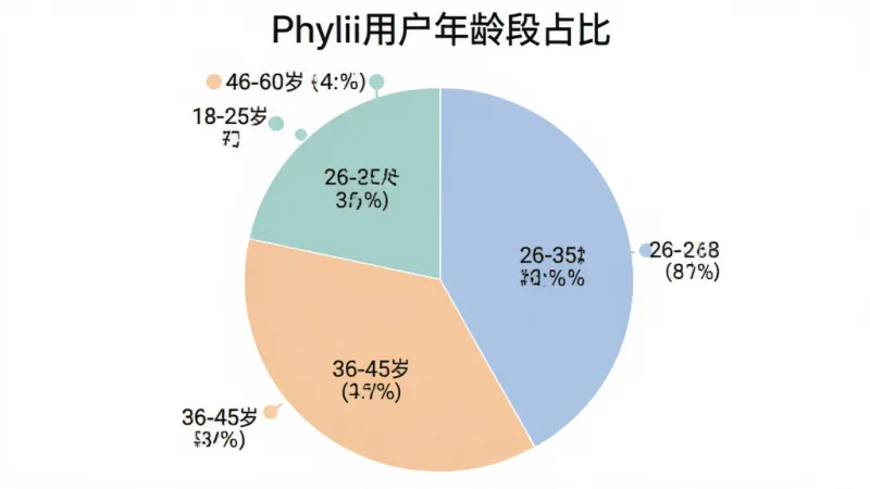 一张展示Phylii用户年龄分布的饼状图,图表标题为“Phylii用户年龄段占比”,图中用不同颜色区分18-25岁、26-35岁、36-45岁、46-60岁四个年龄段,数据标签清晰可见,图表风格简洁现代,配色柔和,画质干净无多余元素