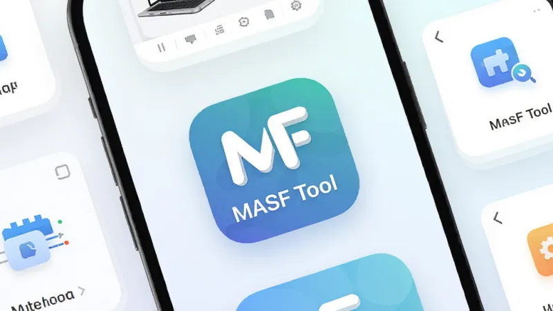 一张手机应用界面展示图，画面中央是“MASF Tool”的应用图标，图标设计简洁现代，周围环绕着几个功能模块的缩略示意，背景为干净的浅色渐变，整体风格清爽扁平，画质干净无多余元素
