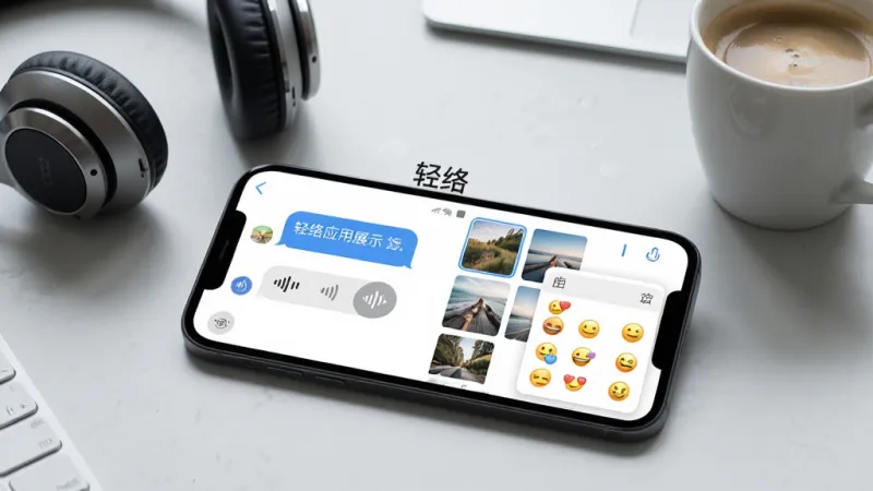 一张轻络应用功能展示图，画面中一部手机横放，屏幕显示聊天对话界面，左侧有文字气泡和语音条图标，右侧有图片缩略图和表情面板，界面顶部标注“轻络”字样，背景为浅灰色工作台桌面，旁边放着一副耳机和一杯咖啡，风格生活化写实，光线柔和，画质干净无多余元素