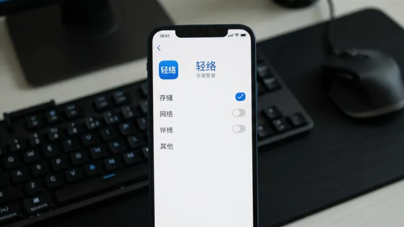 一张手机安全设置界面图，画面中手机屏幕显示轻络应用的权限管理页面，列表中仅勾选了存储和网络两项权限，其他权限均为关闭状态，界面配色为白底蓝字，顶部有“轻络”应用图标，背景为深色桌面搭配键盘和鼠标，风格科技简约，画质干净无多余元素