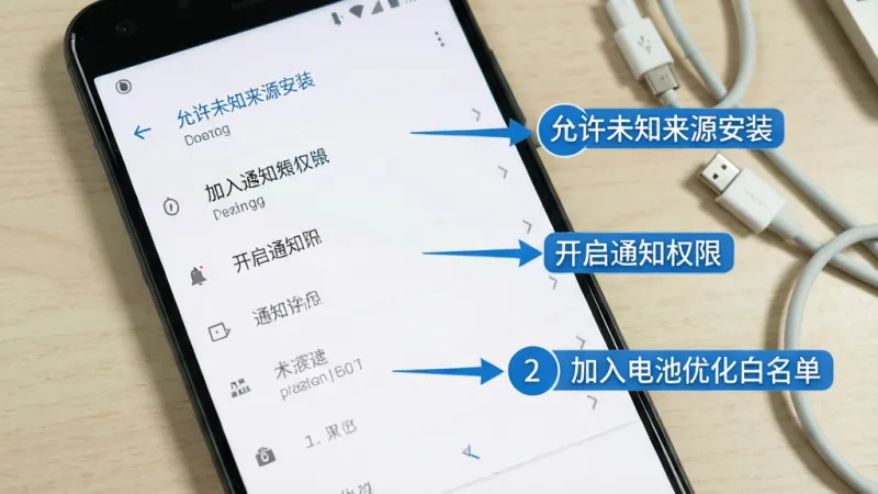 一张手机操作步骤示意图，画面中一部手机屏幕显示安卓系统设置界面，依次用箭头标注“允许未知来源安装”“开启通知权限”“加入电池优化白名单”三个步骤，界面为白底蓝字，步骤数字用圆形蓝色标签标注，背景为浅色桌面搭配数据线，风格教程图解，画质干净无多余元素