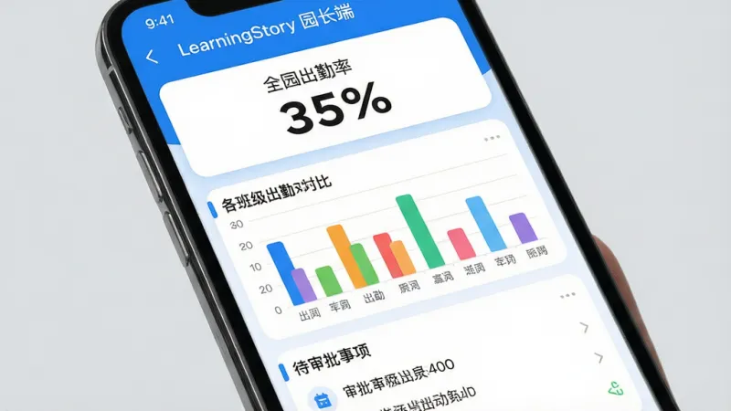 一张展示数据看板界面的手机屏幕特写，屏幕中显示" learningstory"