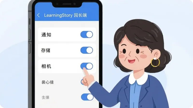 一张展示手机应用权限设置界面的示意图，画面中手机屏幕显示" learningstory"