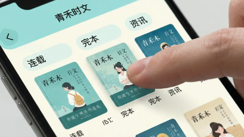 手机应用界面特写，展示“青禾时文”的书架管理页面，屏幕上多个书籍封面按“连载”“完本”“资讯”分组排列，手指正在长按拖动一本书的封面，界面以浅青色和米白色为主，风格扁平清爽，细节干净无杂乱图标，画质明亮