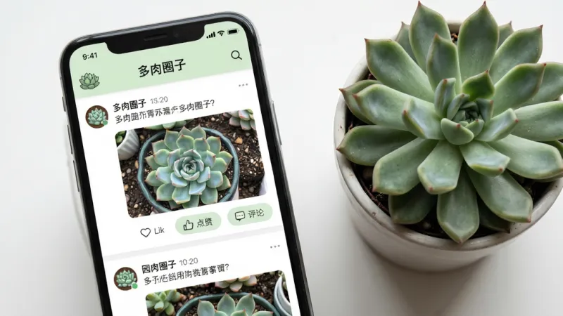 一张展示园艺圈APP内多肉圈子页面的手机截图,画面中手机屏幕上显示多肉圈子的信息流,顶部有圈子名称和多肉植物小图标,下方是用户发布的多肉照片配文字提问,每条帖子下方有点赞和评论按钮,界面以白色和浅绿色为主,排版整洁,手机旁边放着一盆真实的多肉植物作为装饰,风格清新自然,画质干净,无多余元素