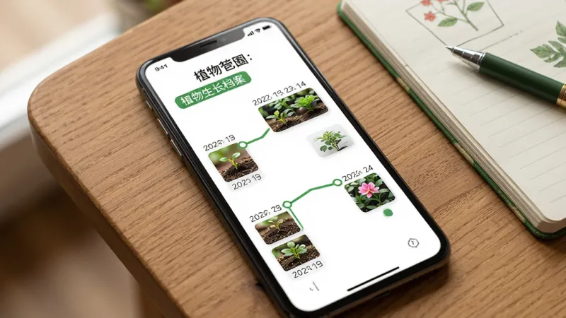 一张展示园艺圈APP植物生长档案功能的手机界面,手机屏幕上显示一株植物的生长时间线,从播种到开花有多个节点,每个节点配有日期和植物照片缩略图,顶部有植物名称和品种标签,界面风格简洁,以白色背景和绿色时间线点缀,手机放在木质桌面上,旁边有一本园艺笔记本和一支笔,整体氛围温馨,画质清晰,无多余元素