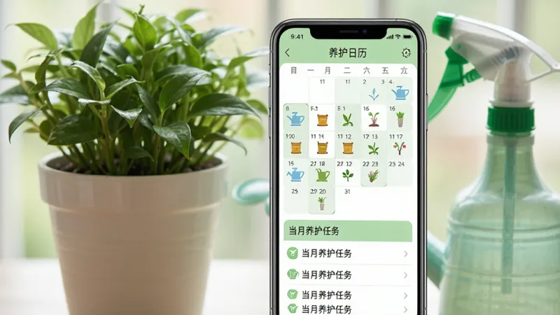 一张展示园艺圈APP养护日历页面的手机截图,手机屏幕上显示月历视图,日期格子内标注了浇水、施肥、修剪等小图标,下方有当月养护任务列表,界面以浅绿色和白色为主色调,排版清晰,手机旁边放着一盆绿植和一个喷壶,风格生活化,画质干净,无多余元素