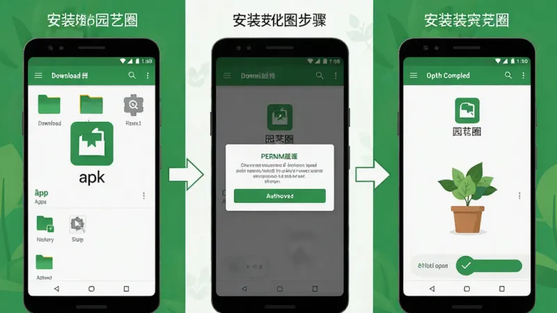 一张展示在安卓手机上安装园艺圈应用的步骤示意图,画面分为三个部分,左侧是下载apk文件后的文件管理界面,中间是安装权限授权弹窗,右侧是安装完成打开应用的界面,整体风格扁平化,以绿色和白色为主,步骤之间用箭头连接,画质清晰,无多余元素
