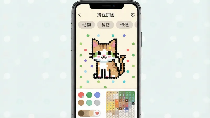 一张展示手机屏幕的图片，屏幕中央是“拼豆拼图”软件的主界面，界面采用浅色背景，上方显示分类标签如动物、食物、卡通，中间是一个由彩色圆点组成的像素风小猫图案，下方是调色板和拼豆板操作区，画面风格清新扁平，细节干净，画质清晰无多余元素