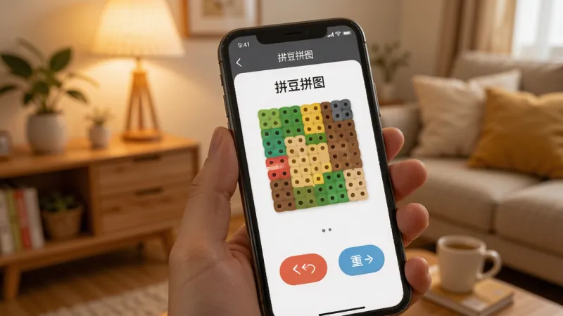 一张展示手机操作场景的图片，一只手拿着手机，屏幕上显示“拼豆拼图”的拼豆板界面，旁边有撤销和重做按钮的特写，背景是温馨的室内环境，风格生活化，画质清晰