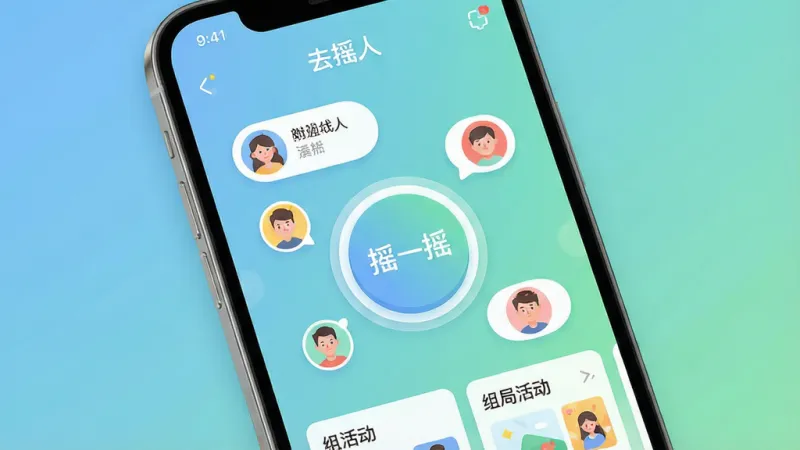 一张手机应用界面展示图,主体是一部现代智能手机,屏幕上显示“去摇人”APP的主界面,布局中心为一个大大的圆形“摇一摇”按钮,周围环绕着附近用户头像气泡和组局活动卡片,排版清晰有层次,风格为轻松活泼的扁平化设计,细节包括柔和的蓝绿渐变背景、圆润的图标和清晰的文字标签,画质干净细腻,无多余元素
