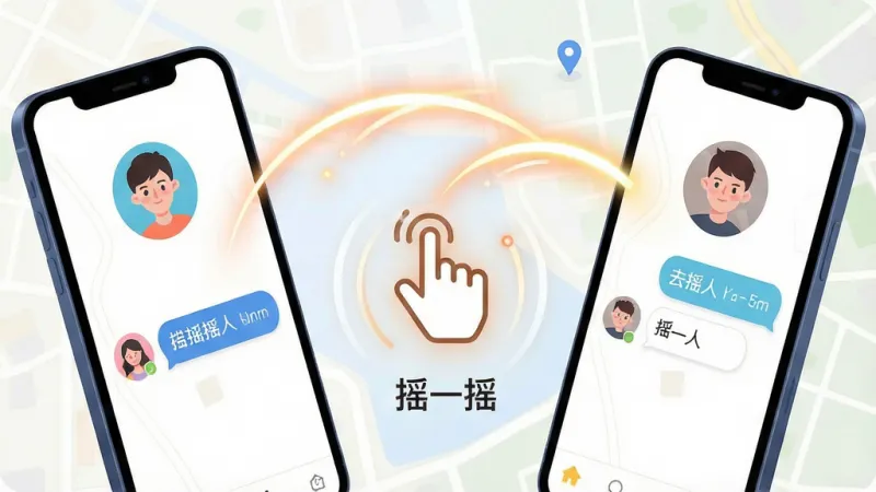 一张展示“去摇人”APP摇一摇匹配功能的场景图,主体是两部手机屏幕相对,中间用动态的弧线光效连接,屏幕内分别显示不同用户的头像和打招呼气泡,布局左右对称,排版突出中间的“摇一摇”手势图标,风格为动感活力的插画风,细节包括光晕拖尾和附近地图的浅色底纹,画质明亮干净,无多余元素