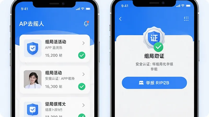 一张表现“去摇人”APP安全认证与组局功能的示意图,主体是一个手机界面特写,屏幕上同时展示组局活动卡片列表和用户资料页上的认证徽章,布局为上下分层,排版突出认证标识和举报按钮,风格为清爽的科技蓝白配色,细节包括盾牌图标和勾选标记,画质清晰锐利,无多余元素