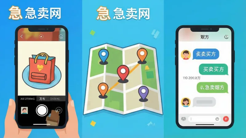 一张展示“急卖网”功能特色的示意图，画面分为三个部分，左边是手机拍照发布物品的场景，中间是地图上显示附近买家位置的图标，右边是买卖双方聊天气泡的界面，整体风格扁平化卡通，色彩明亮活泼，带有“急卖网”标识，画质干净整洁