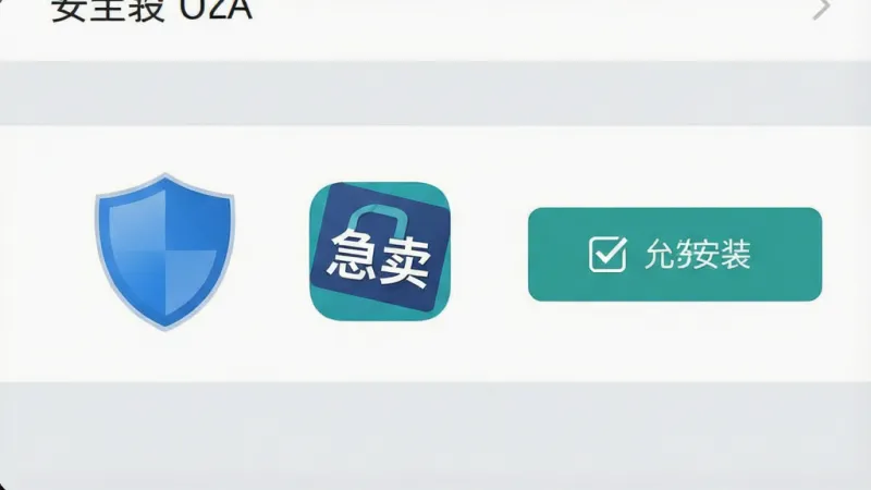 一张展示手机安全设置界面的示意图，画面中有一个盾牌图标和“急卖网”应用图标，旁边有勾选允许安装的按钮，背景是浅灰色的设置菜单风格，画质清晰简洁，无多余文字