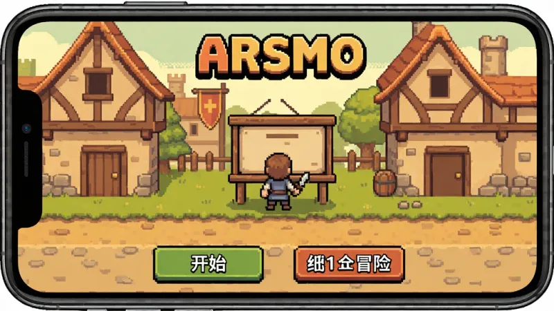 一张手机屏幕展示ARSMO游戏主界面，画面中央是像素风格的中世纪小镇场景，有角色站在告示板前，顶部显示游戏标题ARSMO，底部有开始游戏和继续冒险两个按钮，整体色调温暖复古，画质干净清晰无多余元素