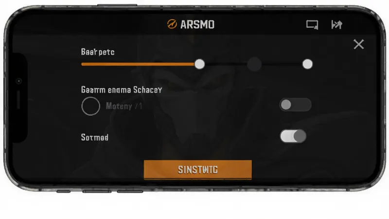 ARSMO游戏设置界面示意图，画面展示手机屏幕上的游戏设置菜单，包含画质调节滑块、战斗动画速度选项、音效开关和存档管理按钮，界面为深色主题配橙色高亮，布局整齐，画质干净无多余元素