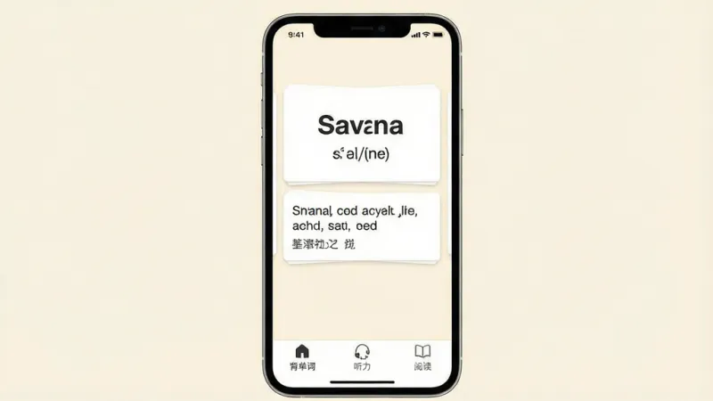 一张展示Savana背单词听力阅读软件核心界面的手机屏幕截图，画面中央是简洁的单词卡片学习界面，上方显示英文单词和音标，下方有例句和中文释义，底部导航栏清晰标注背单词、听力、阅读三个入口，背景为柔和的米白色，风格极简清爽，画质干净无多余元素