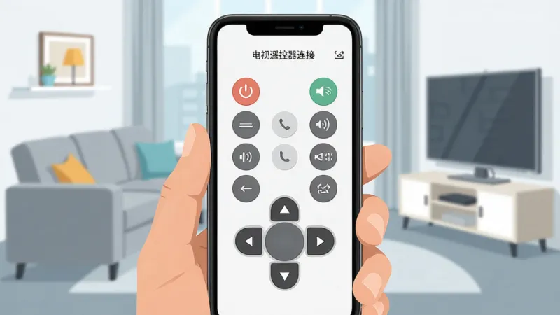 一张展示“电视遥控器连接”软件核心界面的手机样机图，主体是一部手持智能手机，屏幕上显示简洁的虚拟遥控器面板，包含电源、音量、频道、方向键等按钮，布局清晰，背景是客厅环境，有沙发和电视，风格现代扁平化，画质干净明亮，无多余装饰元素