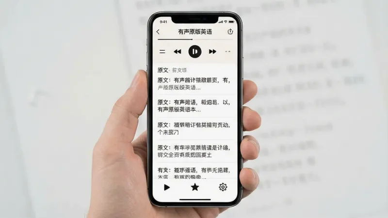 一张展示手机应用界面的图片，画面中央是一台竖屏手机，屏幕里显示着名为“有声原版英语”的App主界面，顶部是播放控制栏，中间是原文与译文对照的文本列表，底部有播放、收藏、设置等图标按钮，整体布局简洁，以浅色背景配深色文字，风格清爽现代，细节清晰，画质干净，无多余元素
