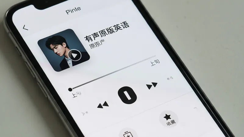 一张展示手机音乐播放器界面的图片，画面中手机屏幕显示“有声原版英语”的播放页，顶部有音频封面和标题，中间是进度条与上一句、下一句切换按钮，底部有缓存与收藏图标，界面以浅灰和白色为主，风格干净简洁，画质清晰，无多余装饰