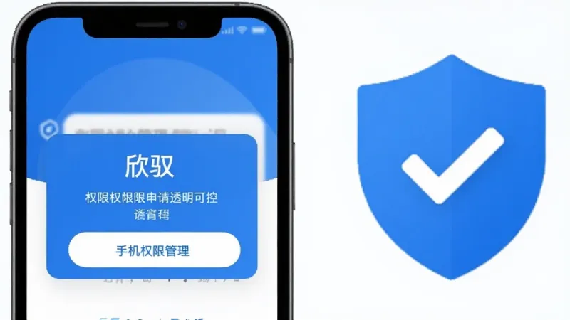 一张手机权限管理界面的示意图，画面中手机屏幕显示